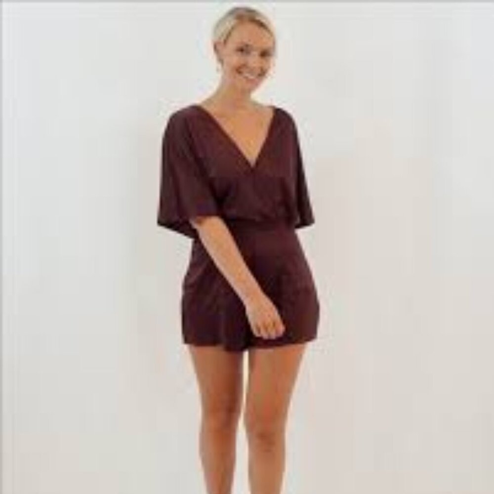 satin silk maroon short romper jumpsuit